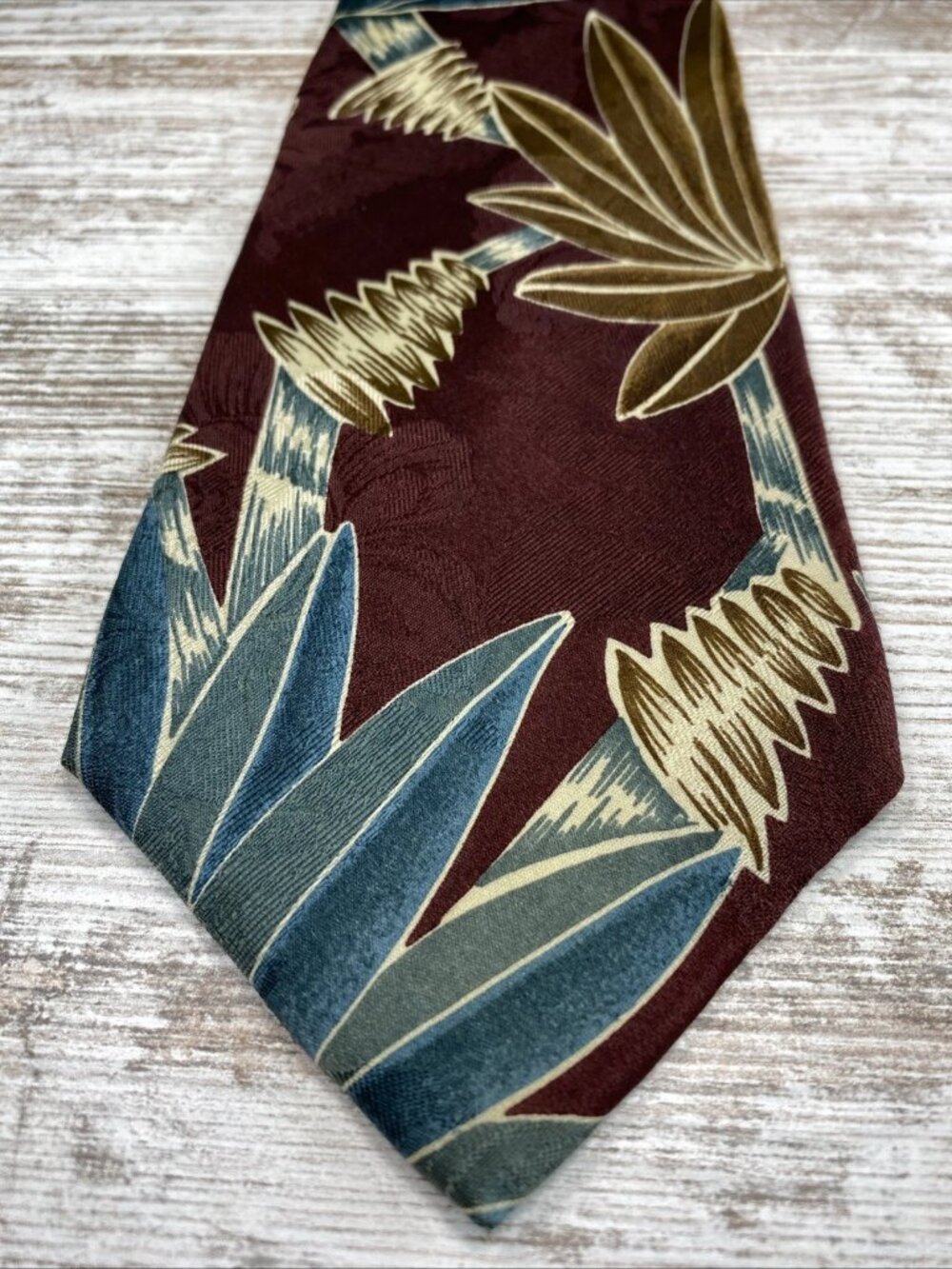 Vintage Norseman Silk Tie Tropical Leaf Burgundy Teal Abstract 58x3.75 USA - Picture 2 of 5